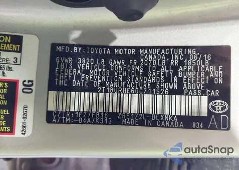 2016 Toyota Corolla Le из США, поврежденный, VIN 2T1BURHE6GC711526